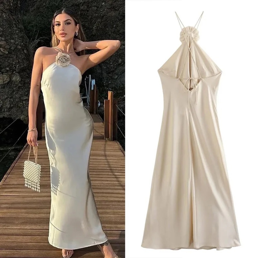 Elegant Cream Halter Dress with floral applique - Picture 5 of 10